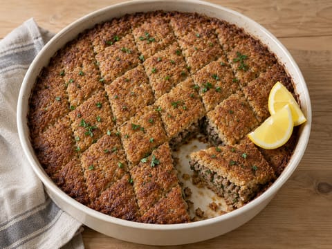 Kibbeh bil Sanieh (ugnsbakad bulgur- och lammrätt i form)