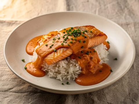 Kimchi-Beurre-blanc-Lachs mit gedämpftem Reis Kimchi-Beurre-blanc-Lachs mit gedämpftem Reis
