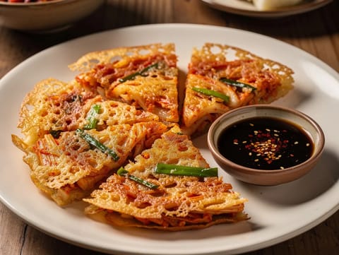 Kimchi Jeon (Clătită cu kimchi și ceapă verde) Kimchi Jeon (Clătită cu kimchi și ceapă verde)