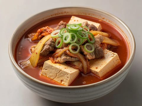 Kimchi Jjigae (koreai kimcsis-sertéshasaalj ragu lágy tofuval)