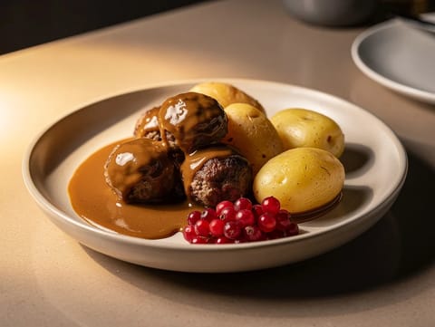 Kjøttboller i Brunsaus (polpette di manzo in salsa bruna)