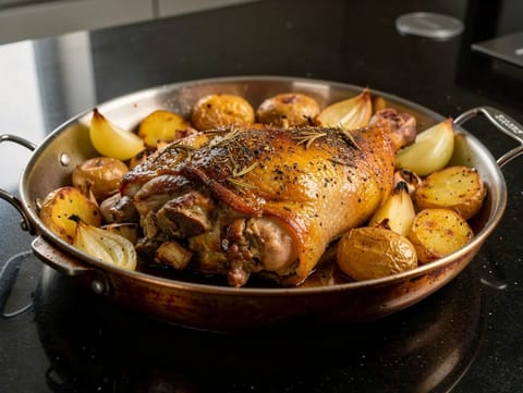 Kleftiko (Grieks langzaam geroosterd lamsvlees met aardappelen en ui)