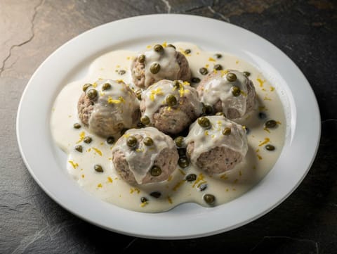 Königsberger Klopse (gehaktballen in kappertjes-roomsaus)