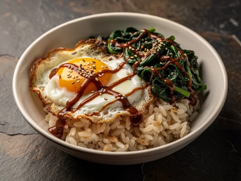 Koreanische Frühstücks-Bowl (Ei, Reis, Grünzeug)