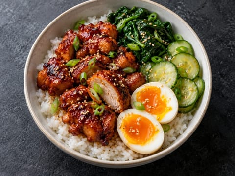 Taça de arroz fusão japonesa-coreana com frango gochujang e ovo Taça de arroz fusão japonesa-coreana com frango gochujang e ovo