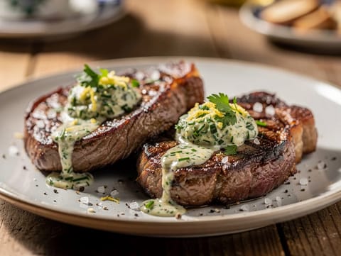 Steak mit Kräuterbutter (friptură la tigaie cu unt cu ierburi) Steak mit Kräuterbutter (friptură la tigaie cu unt cu ierburi)