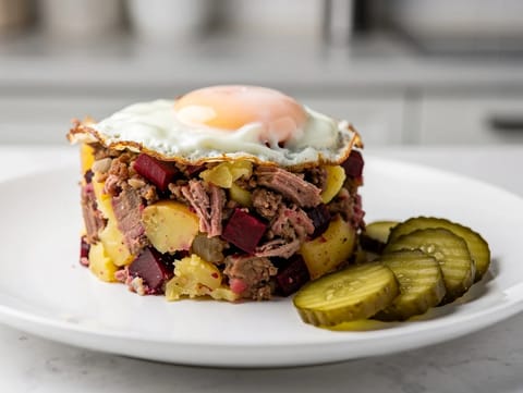 Labskaus (pökel dana eti ve patatesli, pancarlı püre, sahanda yumurta)