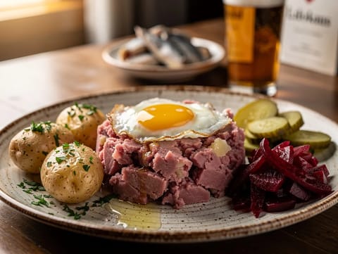 Labskaus (aardappelstamp met biet en corned beef) Labskaus (aardappelstamp met biet en corned beef)
