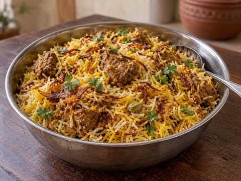 Biryani de borrego com cebolas caramelizadas e açafrão Biryani de borrego com cebolas caramelizadas e açafrão