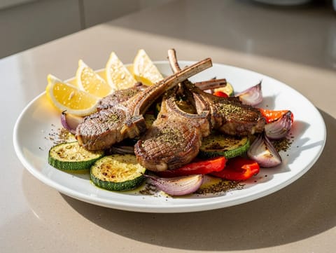 Za’atar-lampaankyljykset paahdettujen kasvisten kanssa