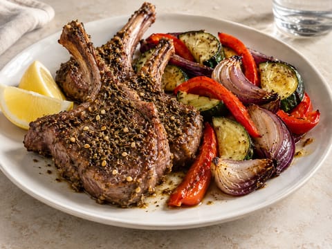 Za’atar-Lammkoteletts mit geröstetem Gemüse Za’atar-Lammkoteletts mit geröstetem Gemüse