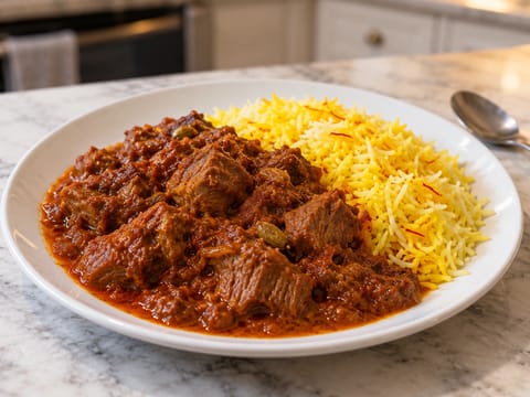 Lampaan rogan josh sahraaniriisin kanssa Lampaan rogan josh sahraaniriisin kanssa