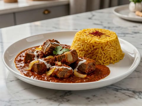 Rogan josh de cordero con arroz al azafrán Rogan josh de cordero con arroz al azafrán