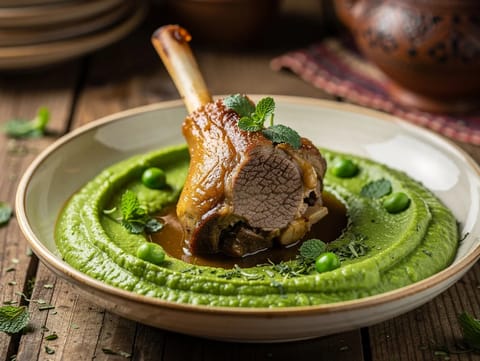 Perna de borrego com puré de ervilhas com hortelã