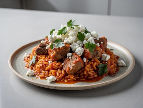 Yiouvetsi (grecka jagnięcina z orzo w pomidorach i czerwonym winie)