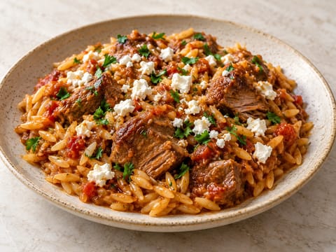 Yiouvetsi (griechisches Lamm mit Kritharaki in Tomate und Rotwein) Yiouvetsi (griechisches Lamm mit Kritharaki in Tomate und Rotwein)