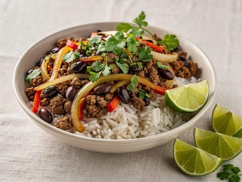 Roerbakbowl met rundergehakt, zwarte bonen en rijst Roerbakbowl met rundergehakt, zwarte bonen en rijst