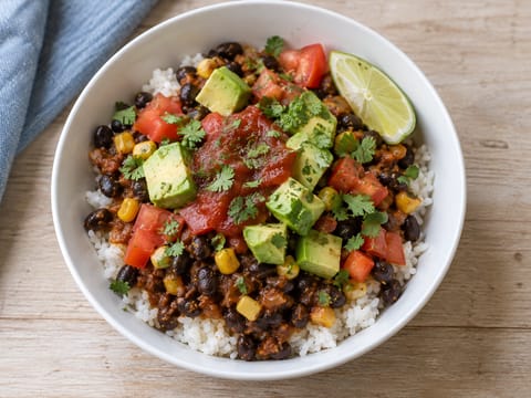 Latin black bean bowl met rijst, avocado en limoen