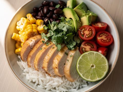 Bol de arroz con pollo al estilo latino con frijoles negros y aguacate Bol de arroz con pollo al estilo latino con frijoles negros y aguacate