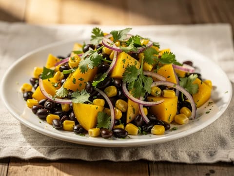 Insalata di mango con fagioli neri, mais e lime