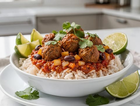 Bol de albóndigas con salsa de tomate especiada y arroz