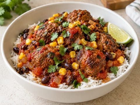Bol de albóndigas con salsa de tomate especiada y arroz Bol de albóndigas con salsa de tomate especiada y arroz