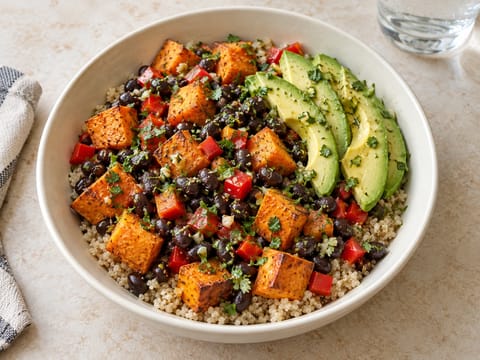 Bol energético de quinoa al estilo latino con frijoles negros y boniato Bol energético de quinoa al estilo latino con frijoles negros y boniato