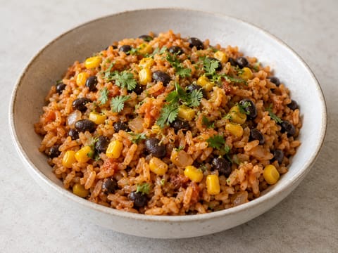 Meal prep di riso in stile latino con fagioli neri, mais e lime