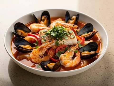 Estofado latinoamericano de marisco con tomate, pimiento y lima Estofado latinoamericano de marisco con tomate, pimiento y lima
