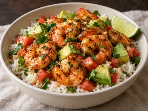 Garnelen-Reis-Bowl nach lateinamerikanischer Art mit Avocado und Limette Garnelen-Reis-Bowl nach lateinamerikanischer Art mit Avocado und Limette