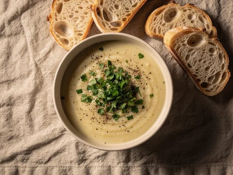 Zuppa di porri e patate con pane croccante Zuppa di porri e patate con pane croccante