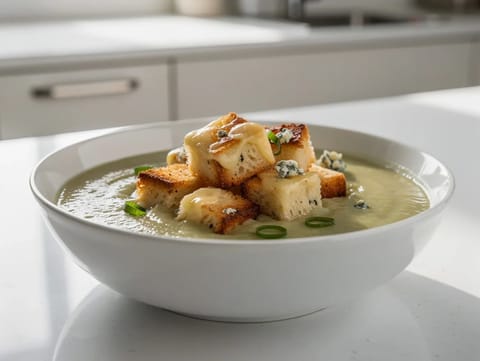 Zuppa di porri e patate con crostini allo Stilton