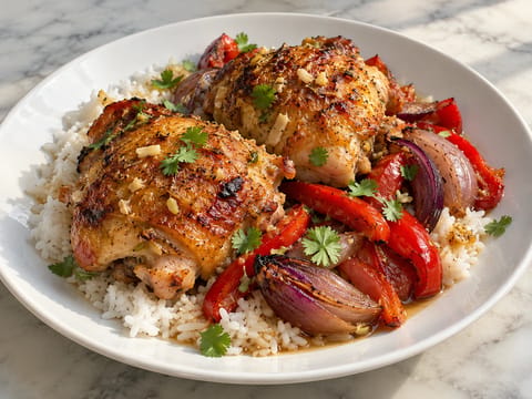 Zitronengras-Hähnchen vom Blech mit Paprika und Jasminreis Zitronengras-Hähnchen vom Blech mit Paprika und Jasminreis
