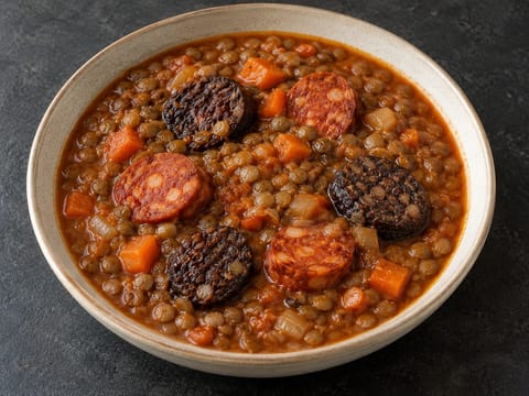 Lentejas con Chorizo y Morcilla (estofado español de lentejas) Lentejas con Chorizo y Morcilla (estofado español de lentejas)