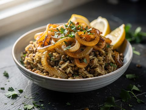 Lentil Mujaddara Bowl med basmatiris og karamellisert løk