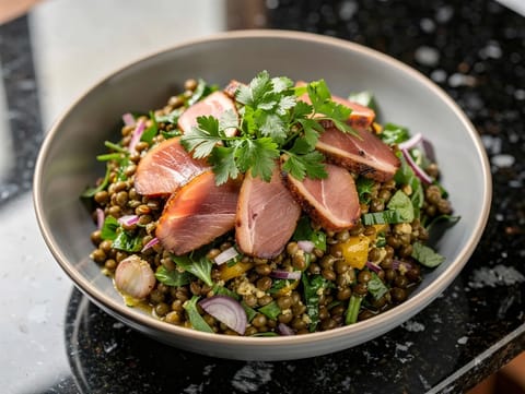 Insalata di lenticchie con vinaigrette alla senape e anatra affumicata
