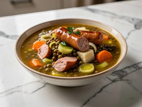 Tysk linsesuppe med Frankfurter-pølser Tysk linsesuppe med Frankfurter-pølser