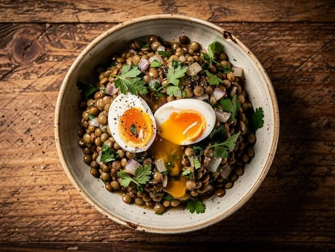 Lentilles du Puy med Dijonvinägrett och löskokt ägg Lentilles du Puy med Dijonvinägrett och löskokt ägg