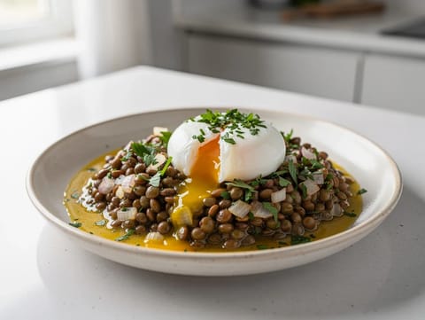 Lentilles du Puy con huevo escalfado y aliño de Dijon