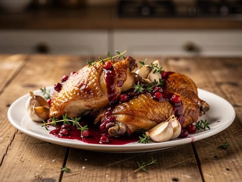 Cosce di pollo glassate ai mirtilli rossi con timo Cosce di pollo glassate ai mirtilli rossi con timo