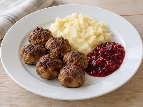 Frikadeller med tyttebærsauce og kartoffelmos Frikadeller med tyttebærsauce og kartoffelmos