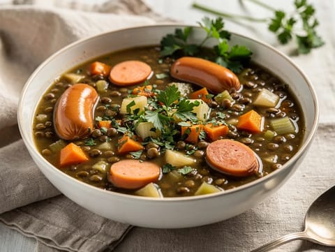 Linsensuppe mit Würstchen (tysk linsesuppe med frankfurtere)
