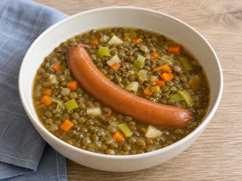 Linsensuppe mit Würstchen (supă germană de linte cu crenvurști)