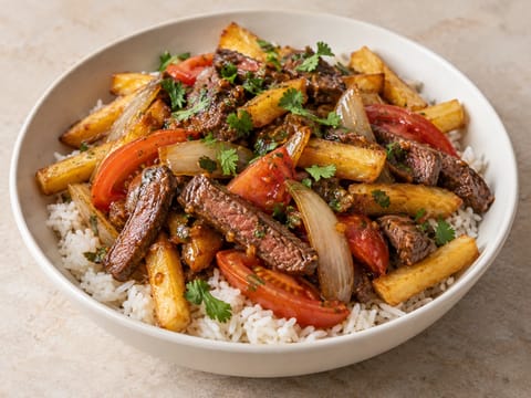 Lomo Saltado tál (pirított marhahús rizzsel és sült krumplival) Lomo Saltado tál (pirított marhahús rizzsel és sült krumplival)