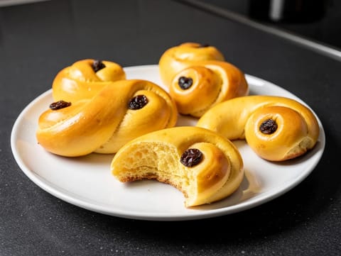 Lussekatter (kakuleli ve kuru üzümlü İsveç safranlı çörekler)