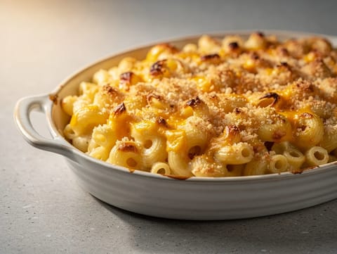 Bagt mac and cheese med cheddar og rasp