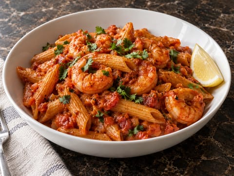 Makaron z krewetkami masala arrabbiata Makaron z krewetkami masala arrabbiata