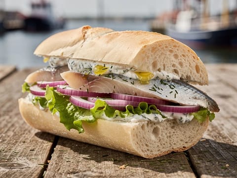 Matjesbrötchen (petit pain au hareng mariné et crème aigre à l’aneth)
