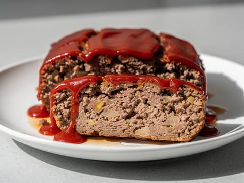 Pastel de carne clásico con glaseado de kétchup