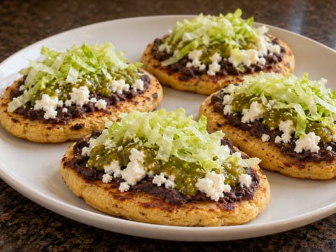 Memelas s černými fazolemi, queso fresco a salsa verde Memelas s černými fazolemi, queso fresco a salsa verde